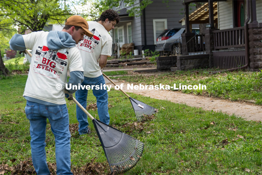 Delta Phi Fraternity members Quinny Brumbaugh and Dominik Kluthe rake leaves in a homeowner’s front lawn during the Big Event. May 4, 2024. Photo by Kirk Rangel for University Communication.